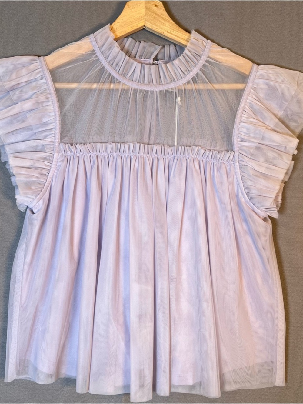 Joie Women’s Lavender Sheer Flutter Sleeve High Neck Cropped BabyDoll Blouse SzS